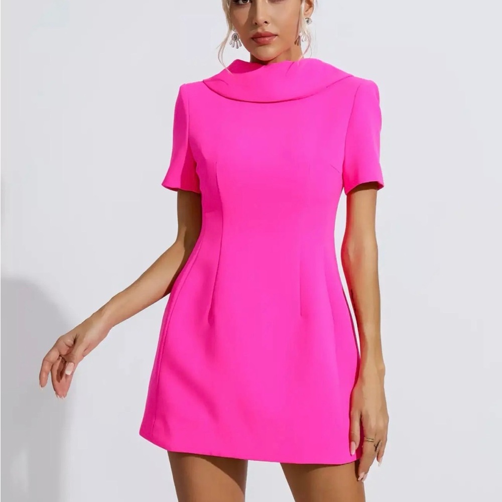 High-Neck Short Sleeve Mini Dress in Vivid Pink